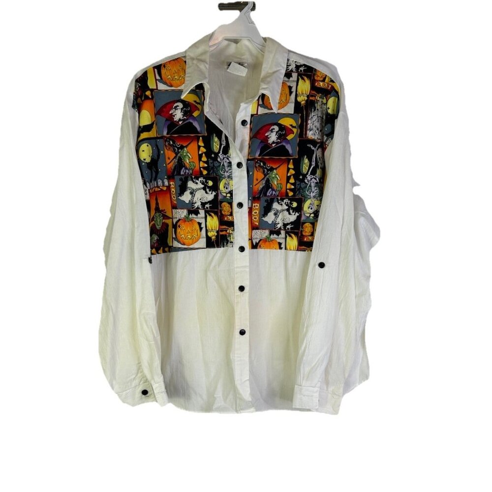Vintage 80s Halloween Patchwork Button Front Shir… - image 1